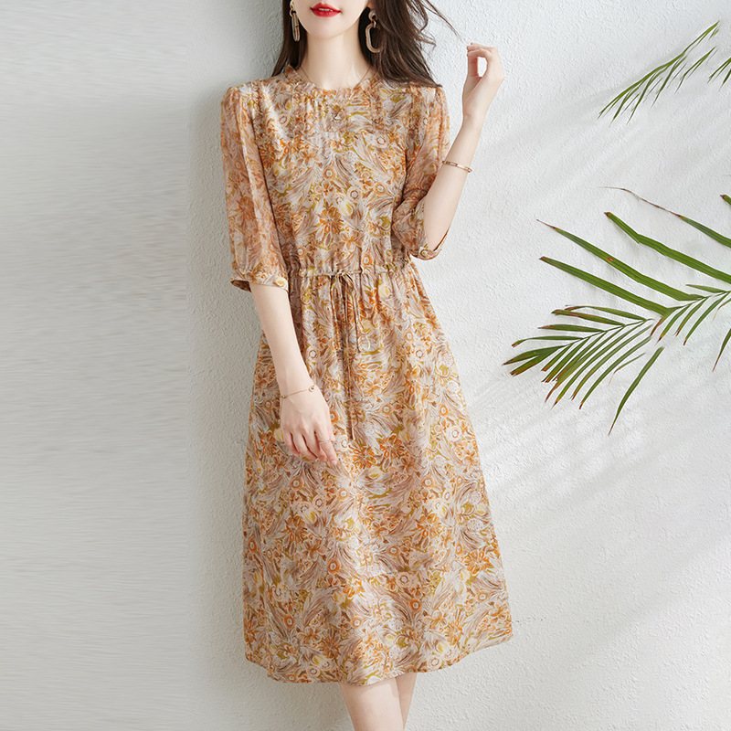 Printed Mulberry Silk Dress, Korean Style, High-End, Long Style, Hangzhou New Product, Summer Silk Dress, Elegant and Suitable for Work