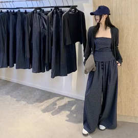 工厂25秋新款韩版时尚修身显瘦上衣+长袖开衫+高腰阔腿裤三件套装