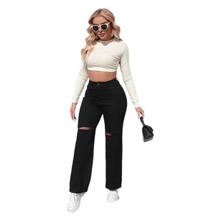 In Stock European and American cross-border JEANS women's black straight design ripped all-match loose Denim JEANS