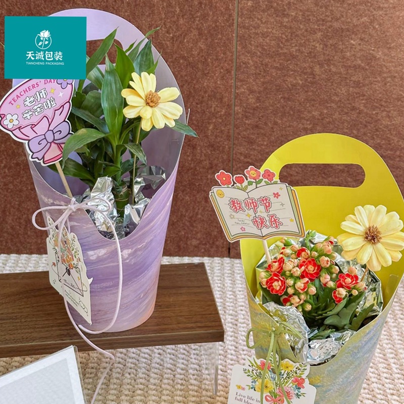 教师节圆形鲜花手提盒绿植蝴蝶兰礼盒插花牛皮盒diy花束包装盒|undefined