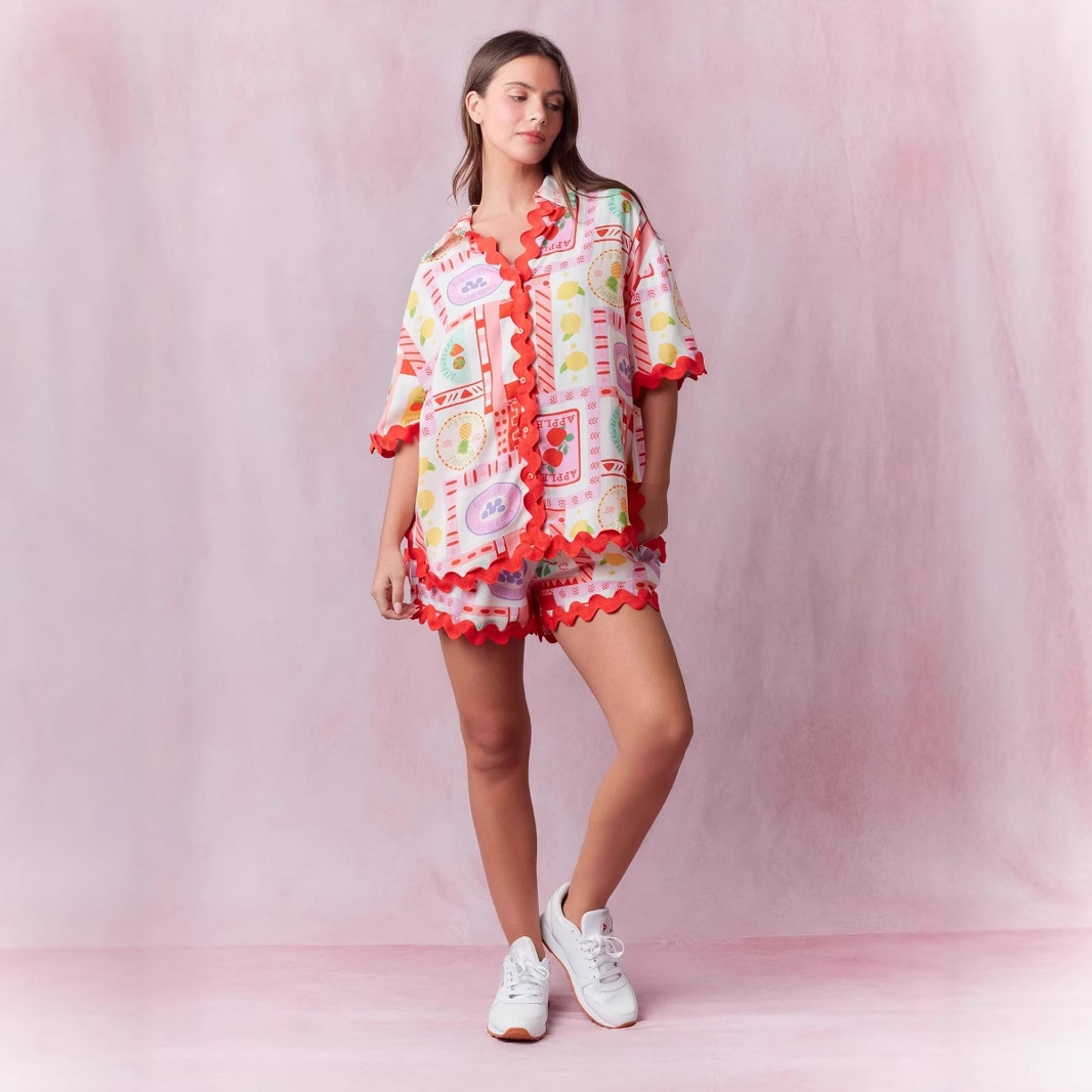 2025新款欧美夏季薄款可爱印花睡衣两件套女荷叶边衬衫短裤家居服