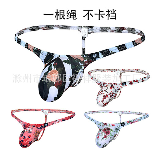 Factory UQQMQQ High-Elastic Ice Silk Printed Men's T-Strap Briefs Sexy Underwear Cross-Border T-Pants 9501