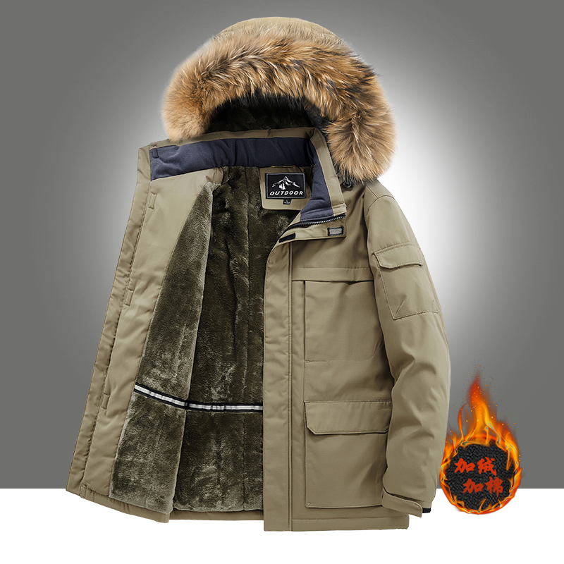Transfronterizo especial para el otoño y el invierno de los hombres de algodón acolchado Abrigo con capucha de longitud media de negocios herramientas de lana forrada engrosada con cuello de piel