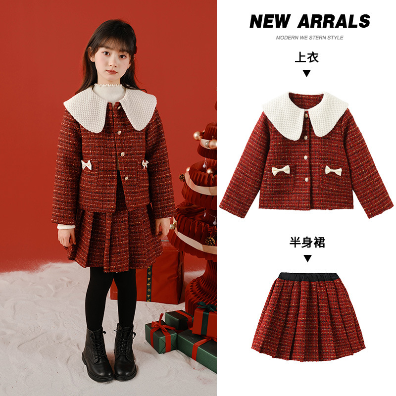 Ropa de otoño e invierno para niñas 2023 nueva Navidad Año Nuevo collar de muñeca Chaqueta de punto falda conjunto de dos piezas traje de niños medio y grande