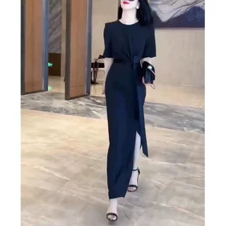 23325大爱美依缘2025夏季新款短袖纯色连衣裙腰带显瘦开叉女长裙