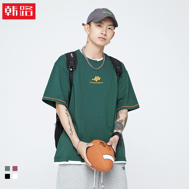 Han Lu Main Push Series 2021 Summer New Japanese Fake Two-Piece Couple Short-Sleeved T-Shirt Men's Cuff Five-Line T-Shirt