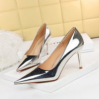 9236-8 Style Fashion Banquet High Heels Women's Shoes Metal Heels Thin Heels Shallow Mouth Pointed Nightclub Sexy Single Shoes