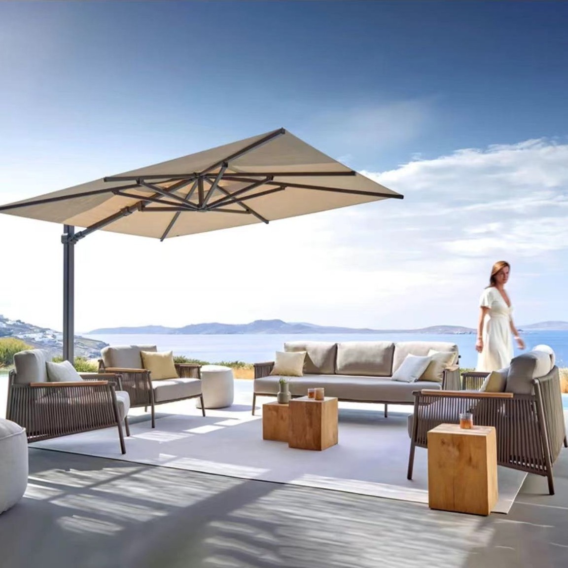 Sofá de caña al aire libre a prueba de agua y protección solar patio al aire libre ocio balcón sofá combinación de caña silla muebles de jardín