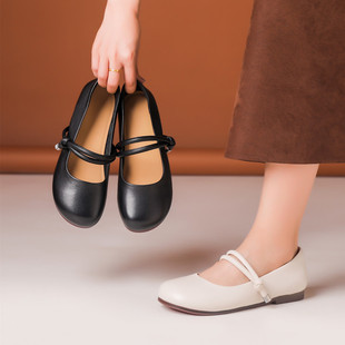 Mary Jane Shoes for Women 25 Spring and Summer New Genuine Leather Shoes with Comfortable Soft Soles for All Seasons, Retro Elegant Flats