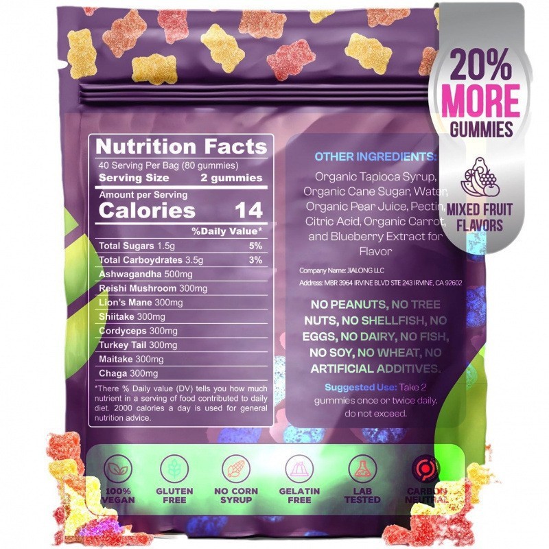 亚马逊tk爆品现货膳食补充剂素食MushroomGummy蘑菇软糖80粒袋装|undefined