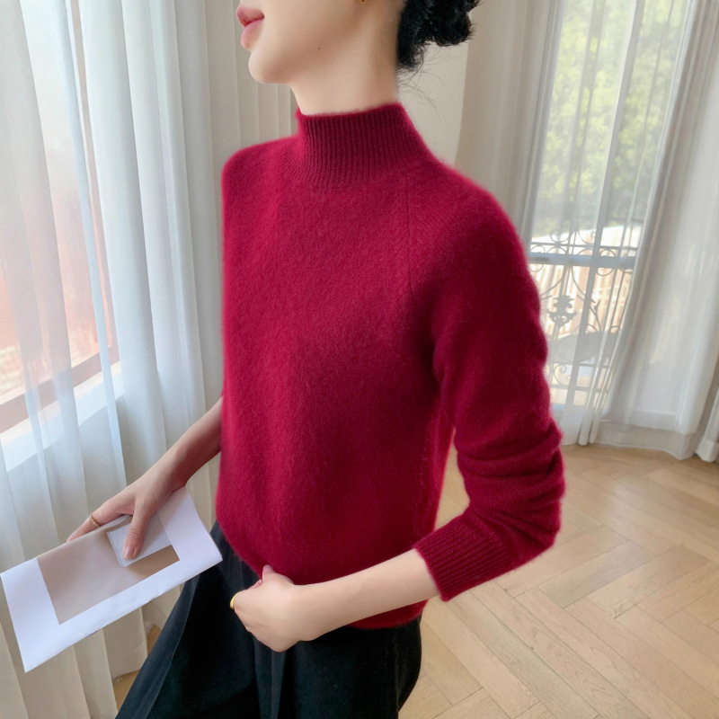 Thickened Raglan Sleeve Cashmere Sweater Half Turtleneck Sweater 2025 Autumn and Winter Women's Pure Color Wool Bottoming Knitwear Red Thickened Raglan Sleeve Cashmere Sweater Half Turtleneck Sweater 2025 Autumn and Winter Women's Pure Color Wool Bottoming Knitwear Red