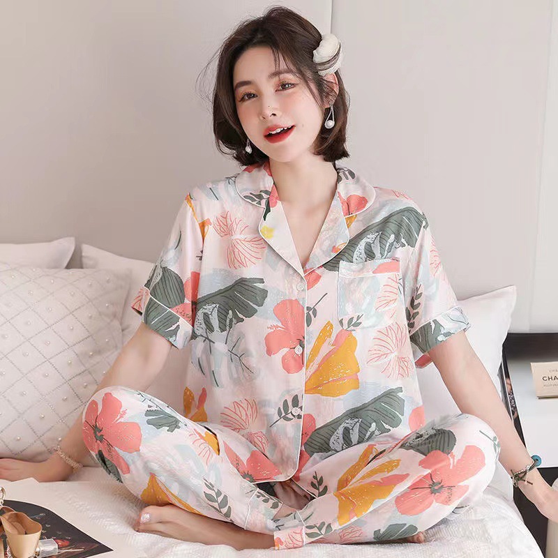 Comercio exterior al por mayor pijamas de otoño mujeres cardigans coreanos dibujos animados impresión set de ropa para el hogar