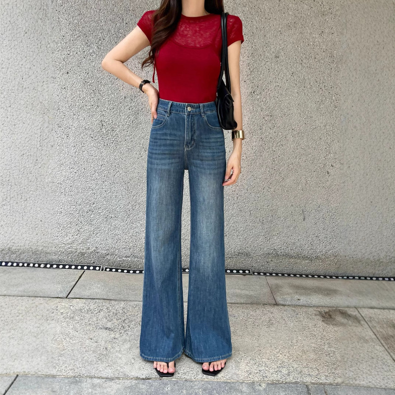 High-End Denim 2026 Summer Hot-Selling Four-Way Stretch Straight Loose Flared Pants Comfortable Designer Simple Jeans for Women