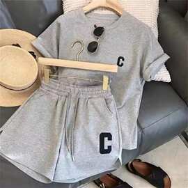 亚马逊韩版女夏季套宽松短袖t恤休闲短裤运动印花字母休闲两件套