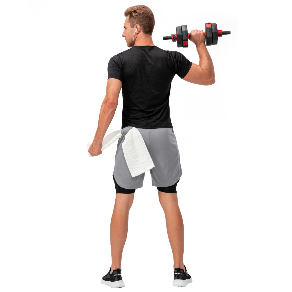 男士双层假两件健身短裤带耳机孔宽松速干跑步训练运动裤D13014