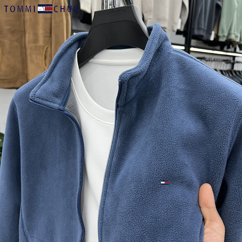 Tommy Autumn and Winter Men's Fleece Thickeneded Thermal Sweatshirt Stand Collar Zipper Cardigan Comfortable Polar Fleece Jacket Jacket