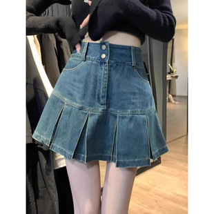 Vintage High Waist Denim Skirt Women's Fashionable All-match New Arrival plus size Slimming Pleated Design A- Line Short Skirt