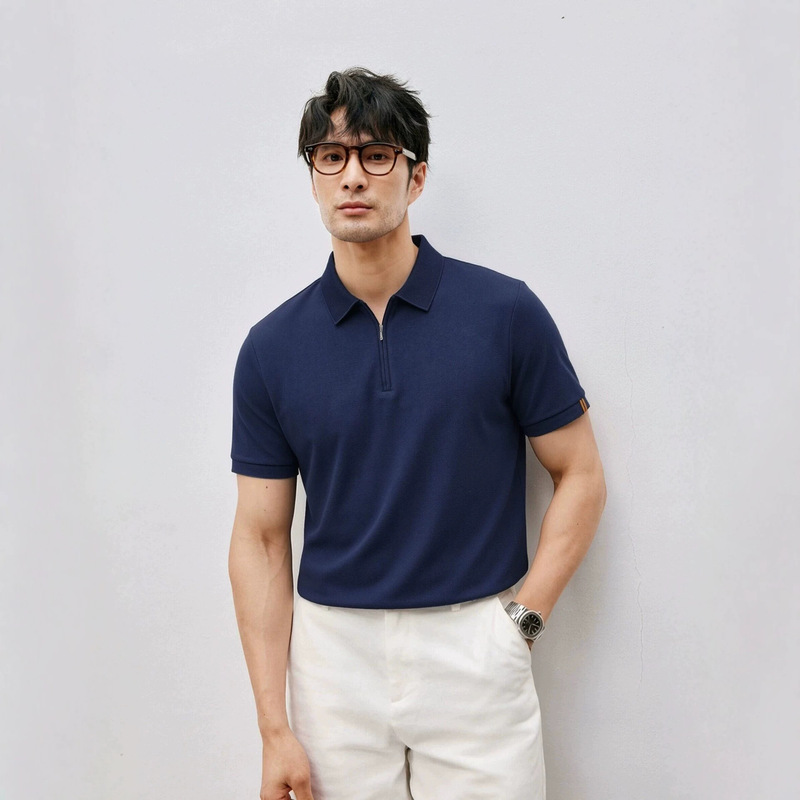 Summer New Style Old Money Style Polo Shirt with Zipper and Turn-Down Collar, Men's Casual Knit Cool Sea-Gull Collar Short-Sleeve T-Shirt