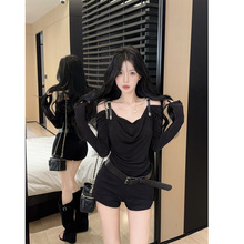 MR网购【抖抖布】韩版小众辣妹气质一字肩荡领皮扣吊带长袖显瘦上