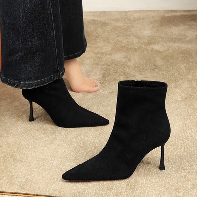 7922-5 Korean style fashion boots for women with high-end feel, suede pointed toe, thin heel, side zipper, high heels, s