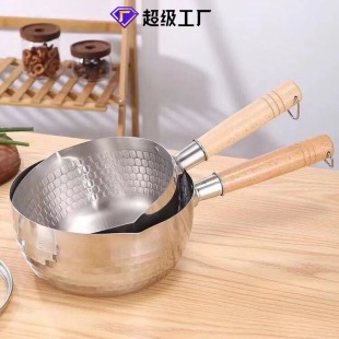 Factory Direct Sales Japanese-Style Snow Pan Stainless Steel Baby Food Pot Instant Noodle Pot Wooden Handle Uncoated Hammered Soup Milk Pot