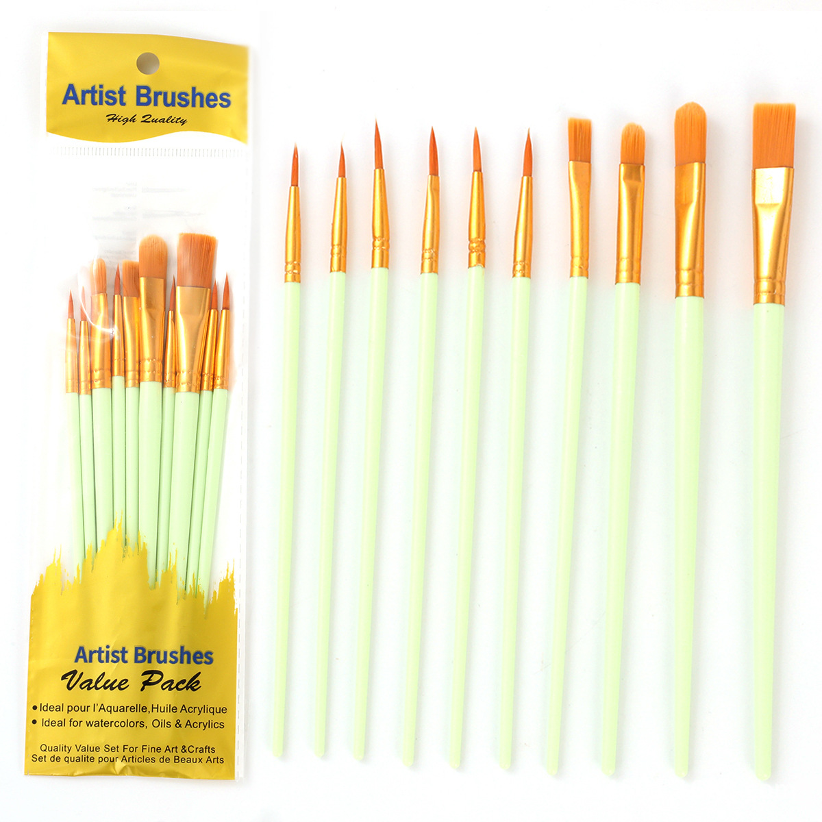 Los fabricantes venden al por mayor diez juegos de pinceles de pelo de nailon, pinceles de aceite de poste de plástico, pinceles de arte, pinceles de pintura de gouache de acuarela