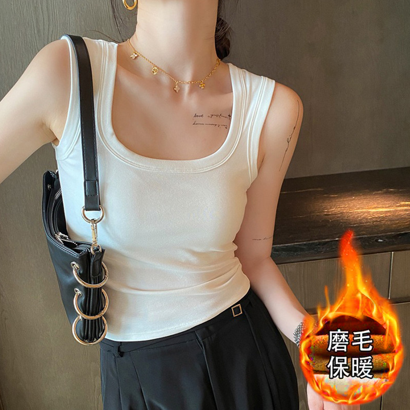 Korean Style Pure Desire Square Neck Fleece-Lined Brushed Thermal Vest Underwear with Bottoming Outer Sleeveless Autumn Coat Muscle Top