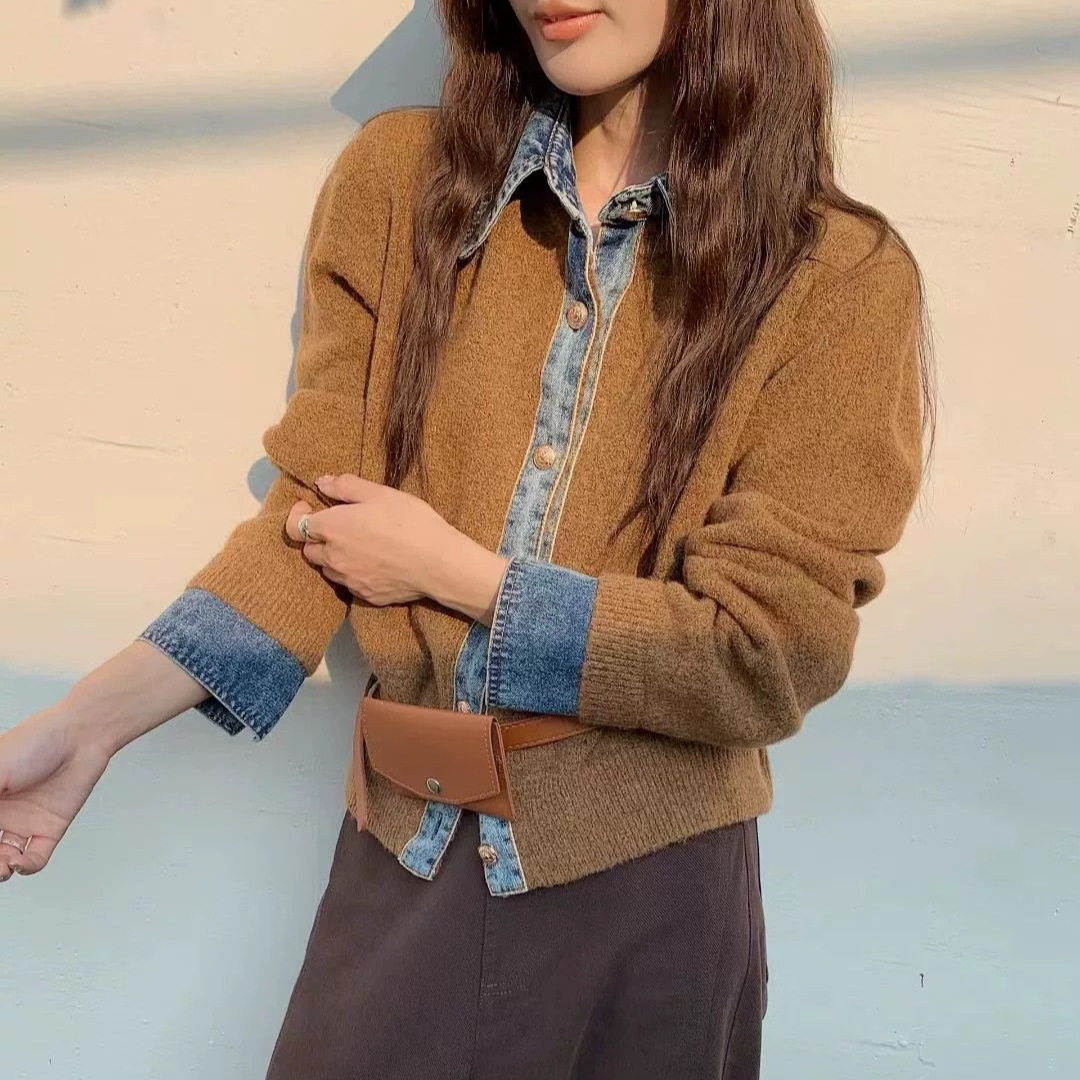 牛仔衬衫领拼接假两件毛衣女秋冬2025新款韩系chic高级感针织外套