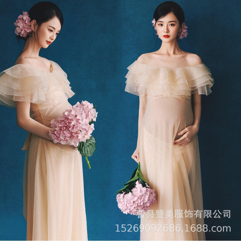 Maternity photo shoot clothing for photo studios, French-style pure and alluring one-shoulder dress, atmospheric photoshoot for pregnant women at home Maternity photo shoot clothing for photo studios, French-style pure and alluring one-shoulder dress, atmospheric photoshoot for pregnant women at home