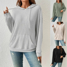 2025欧美亚马逊TEMU跨境外贸女装秋冬新款时尚针织衫连帽坑条卫衣