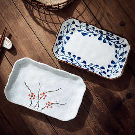 创意经典酒店餐具日韩式釉下彩陶瓷手绘长方荷口切角盘