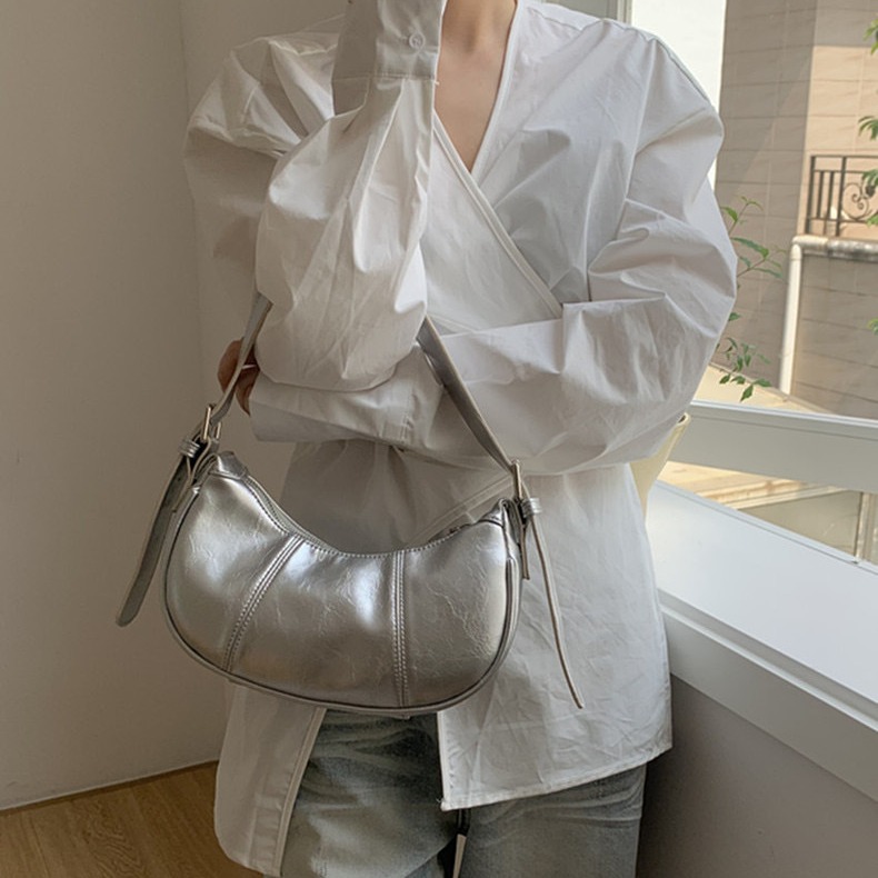 Borsa a spalla argento a mezzaluna stile coreano borsa di lusso_voghion.com