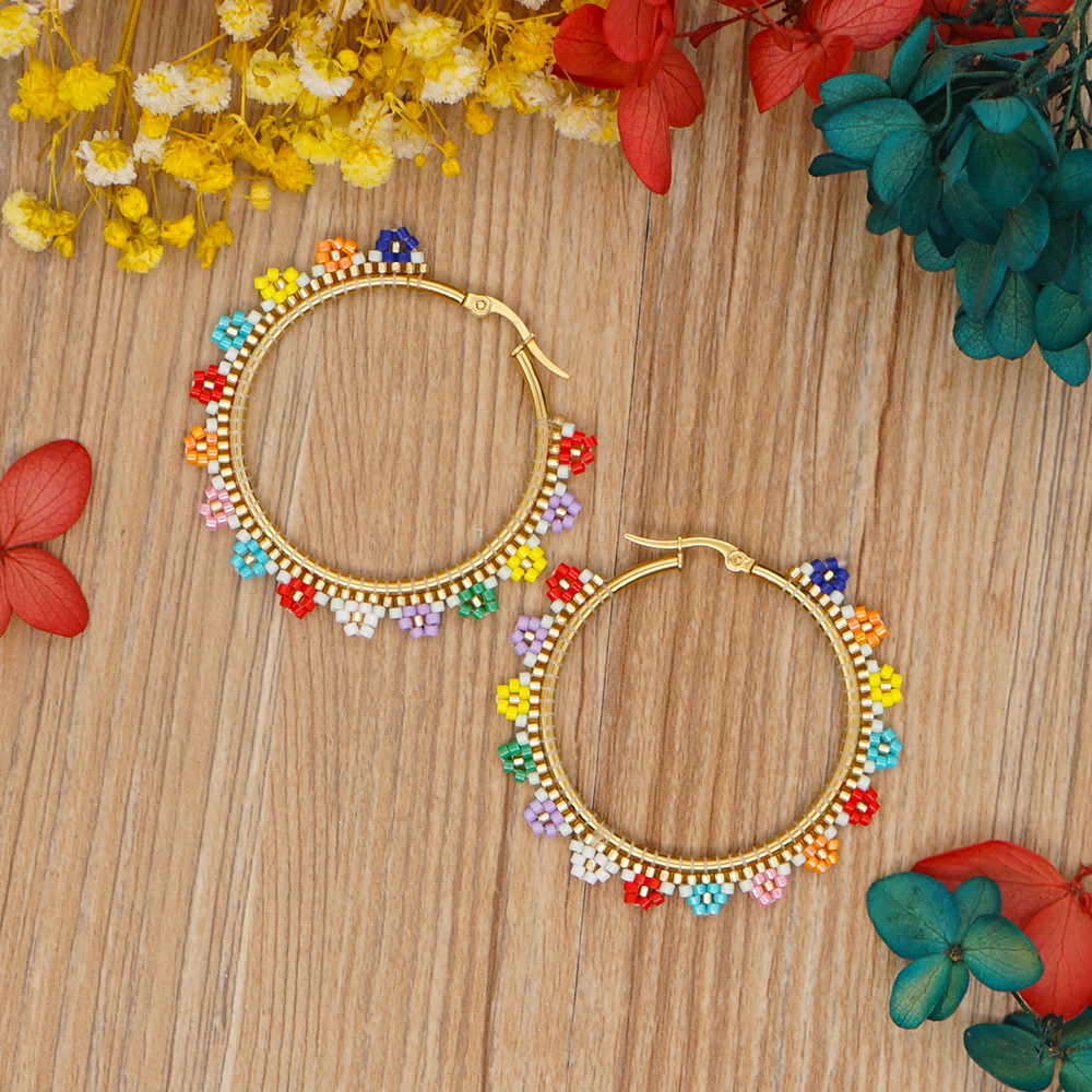 Housewarming, Anniversary, Business, Wedding, Travel, Birthday, Festival Occasion Miyuki Beads Color Flowers Stainless Steel Large Circle Bohemian Style Earrings Wholesale Jewelry Nihaojewelry