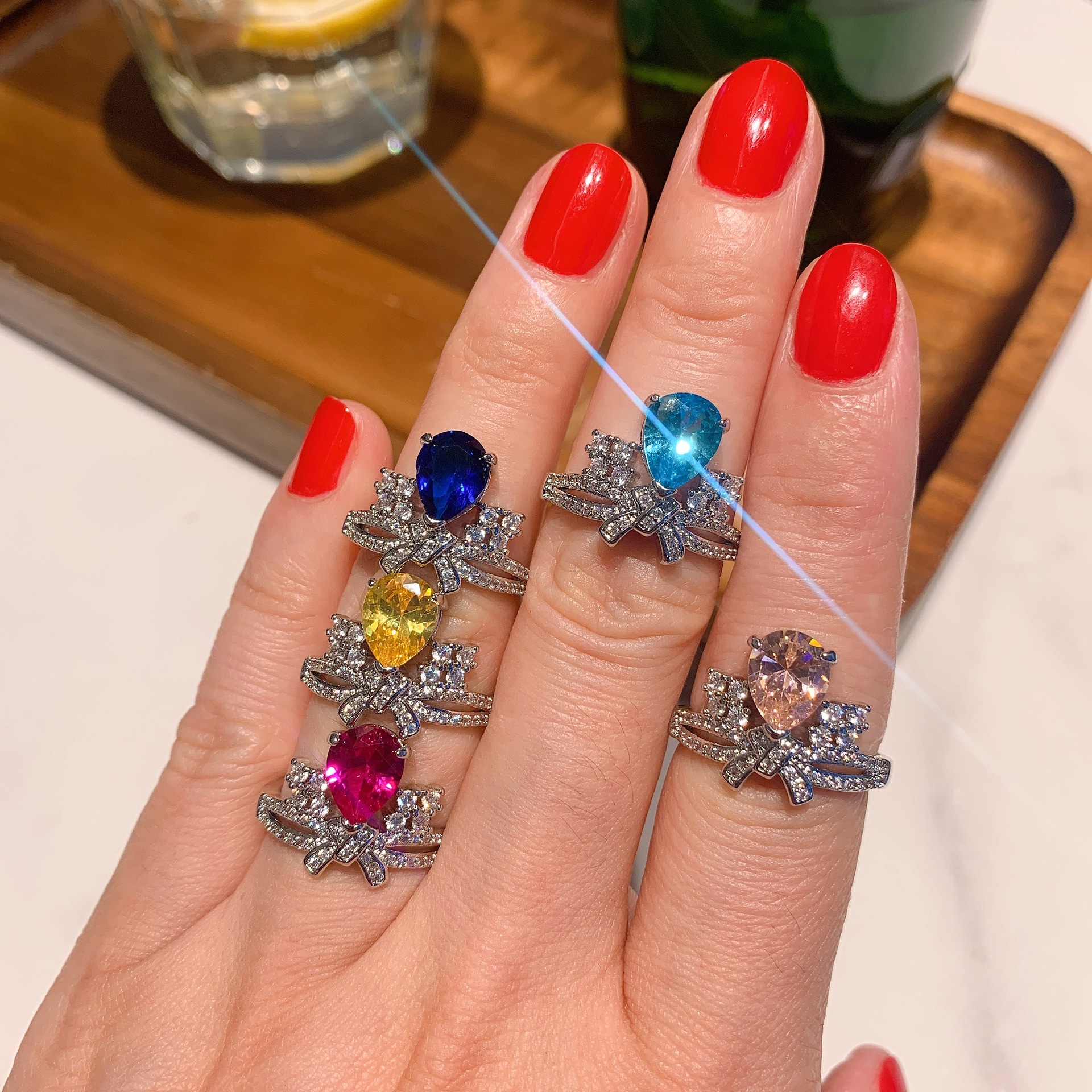 Retro Water Droplets Bow Knot Copper Gold Plated Rhinestone Rings 1 Piece