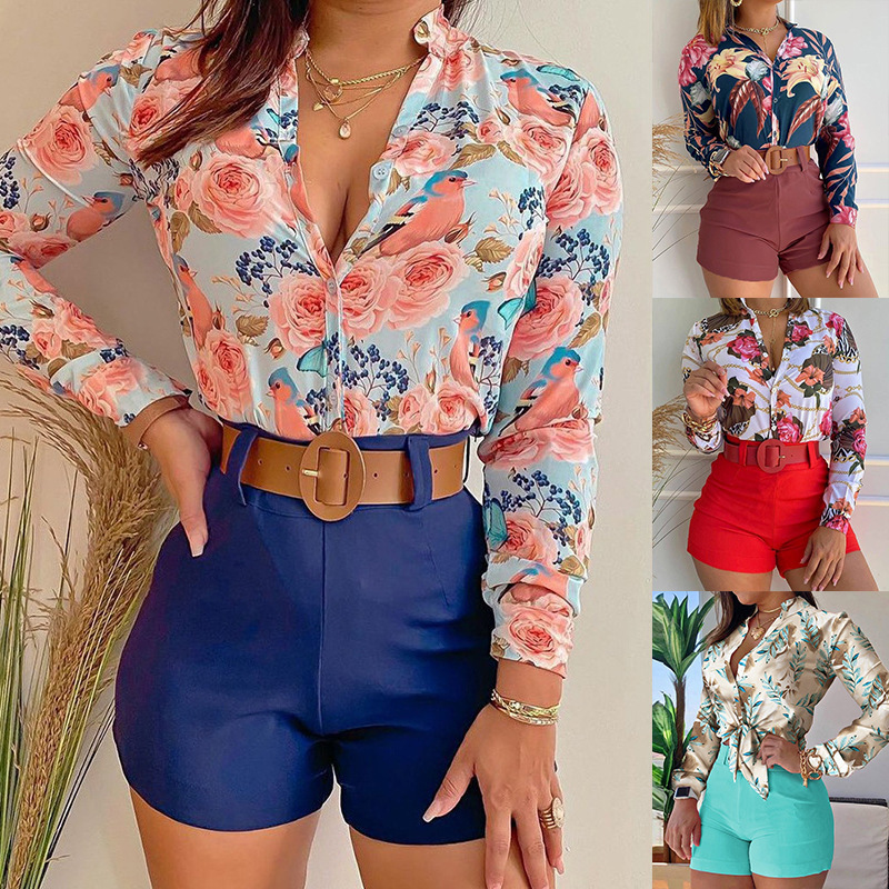 Conjunto de camisa de manga larga con estampado floral y pantalones cortos NSXPF103325