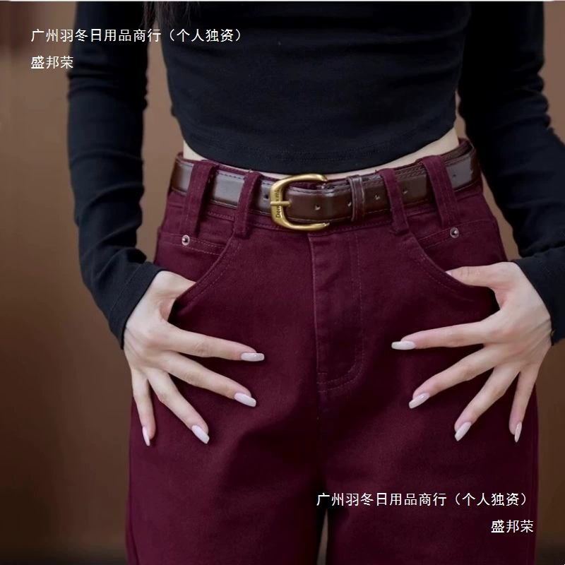 Анкора красная узкая версия широкие джинсы женские 2025 новые осенние тонкие брюки повседневные брюки прямые брюки