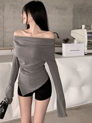 純欲風性感一字露肩上衣女獨特設計感喇叭長袖T恤修身打底衫秋季