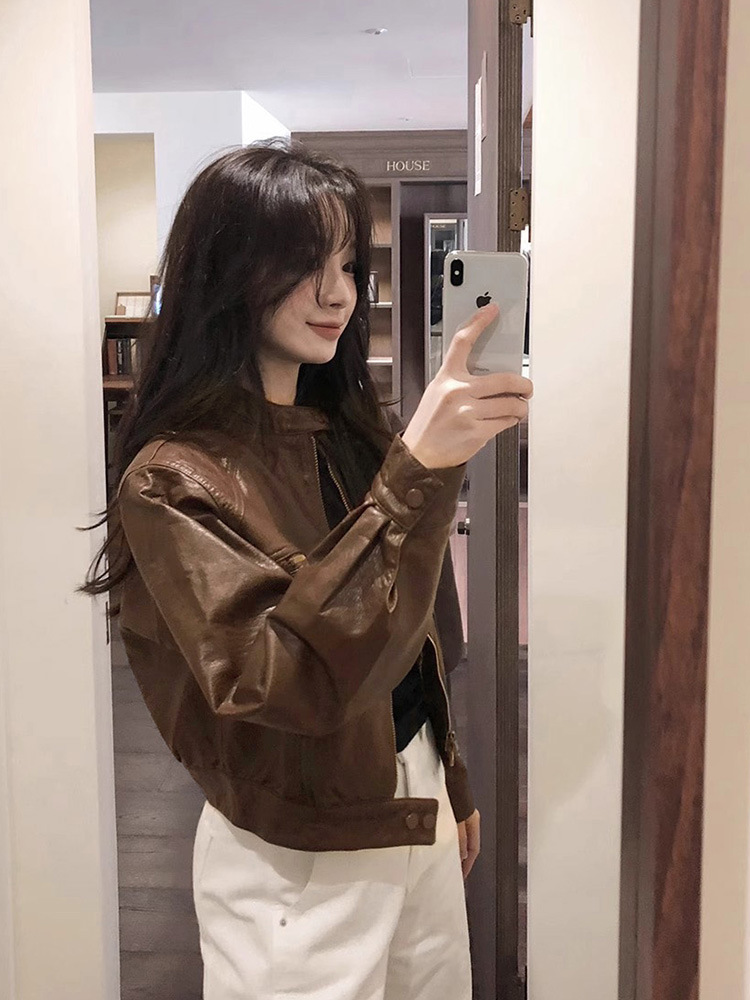 Brown Leather Jacket for Women, New Spring and Autumn Style, Petite Korean Retro Melard Motorcycle Jacket Top