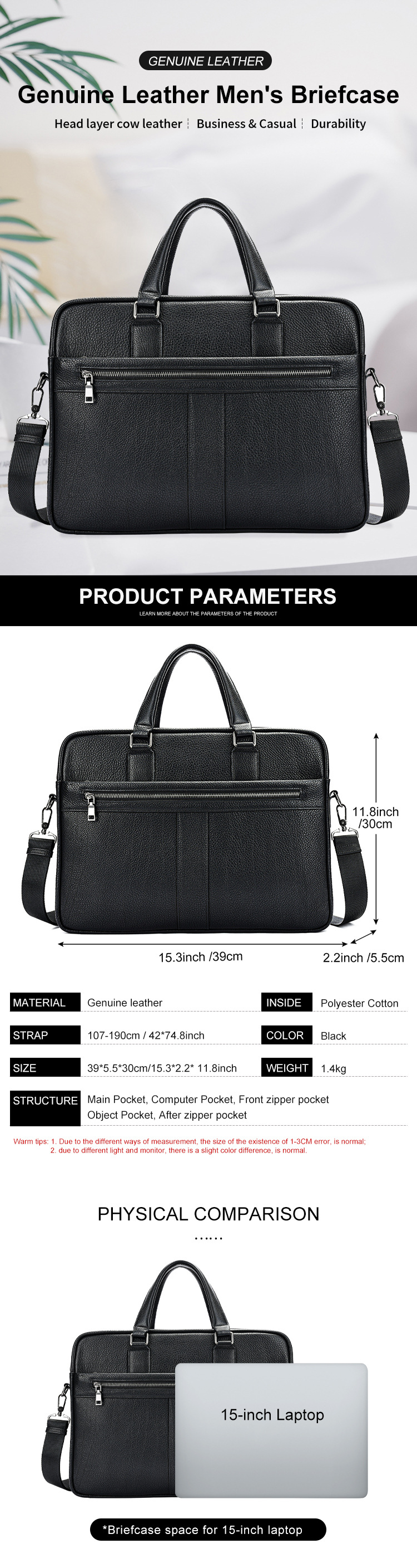 Cặp da bò thật nam đựng laptop 15 inch nhiều ngăn công sở — Đen, 39*5.5*30cm chi tiết 11