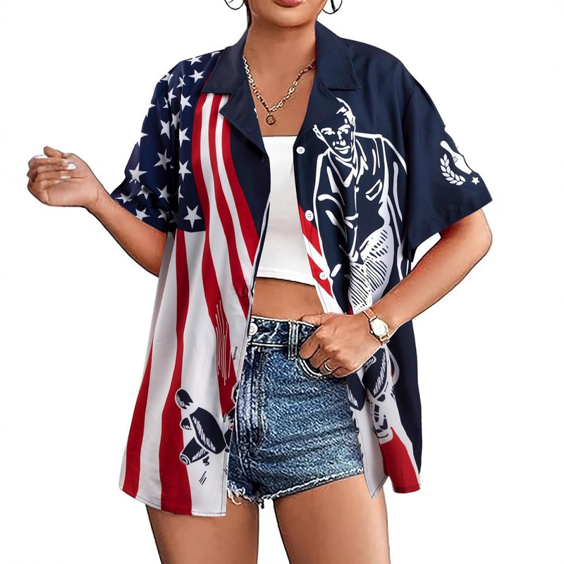 European and American Cross-Border Export Hot-Selling Bowling Pattern 3D Digital Printing Casual Shirt Cuban Collar Women's Shirt