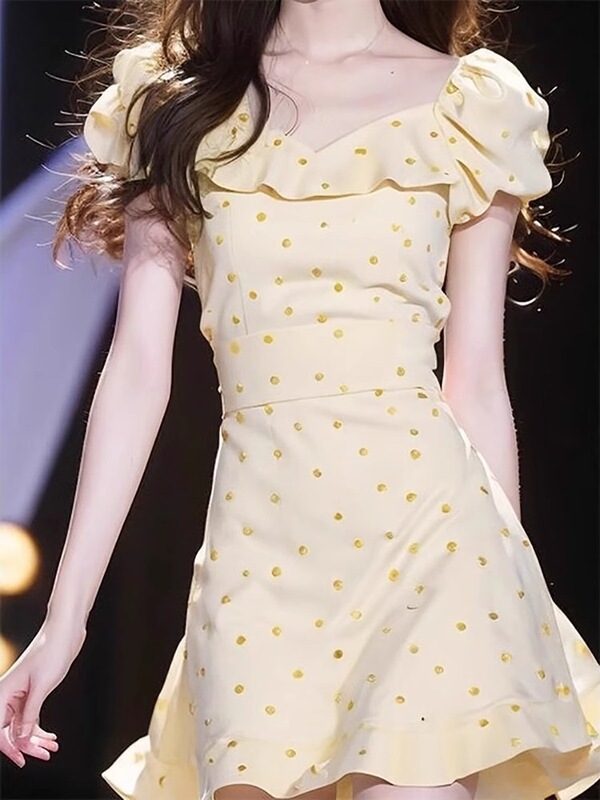 【Inner Lining + Back Zipper】Tea Break French-Style Polka Dot Ruffle Dress for Women, Summer Short Dress with Puff Sleeves and Cinched Waist