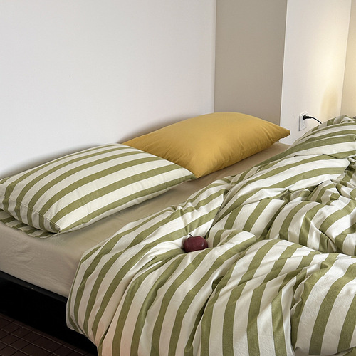 Ins minimalist pure cotton washed cotton striped green bed set 100% cotton 1.5m 1.8m apartment duvet cover set of three