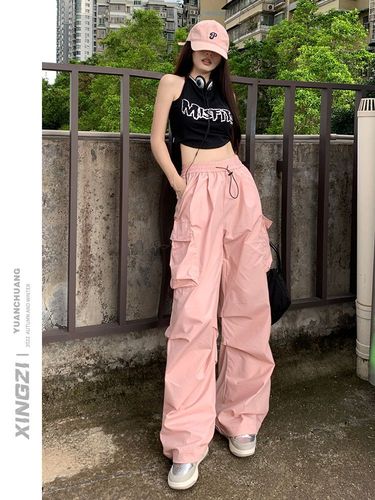 American retro lined work pants for women, loose hot girl style hiphop street dance pants with functional drawstring long pants