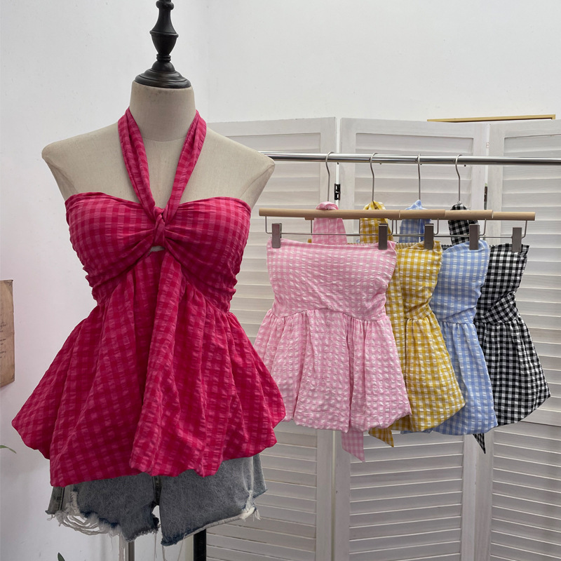Real Shot of Various Ways to Wear Lace-Up Bow Halterneck Tube Top with Breast Pads Plaid Sleeveless Short Top 9227 Real Shot of Various Ways to Wear Lace-Up Bow Halterneck Tube Top with Breast Pads Plaid Sleeveless Short Top 9227