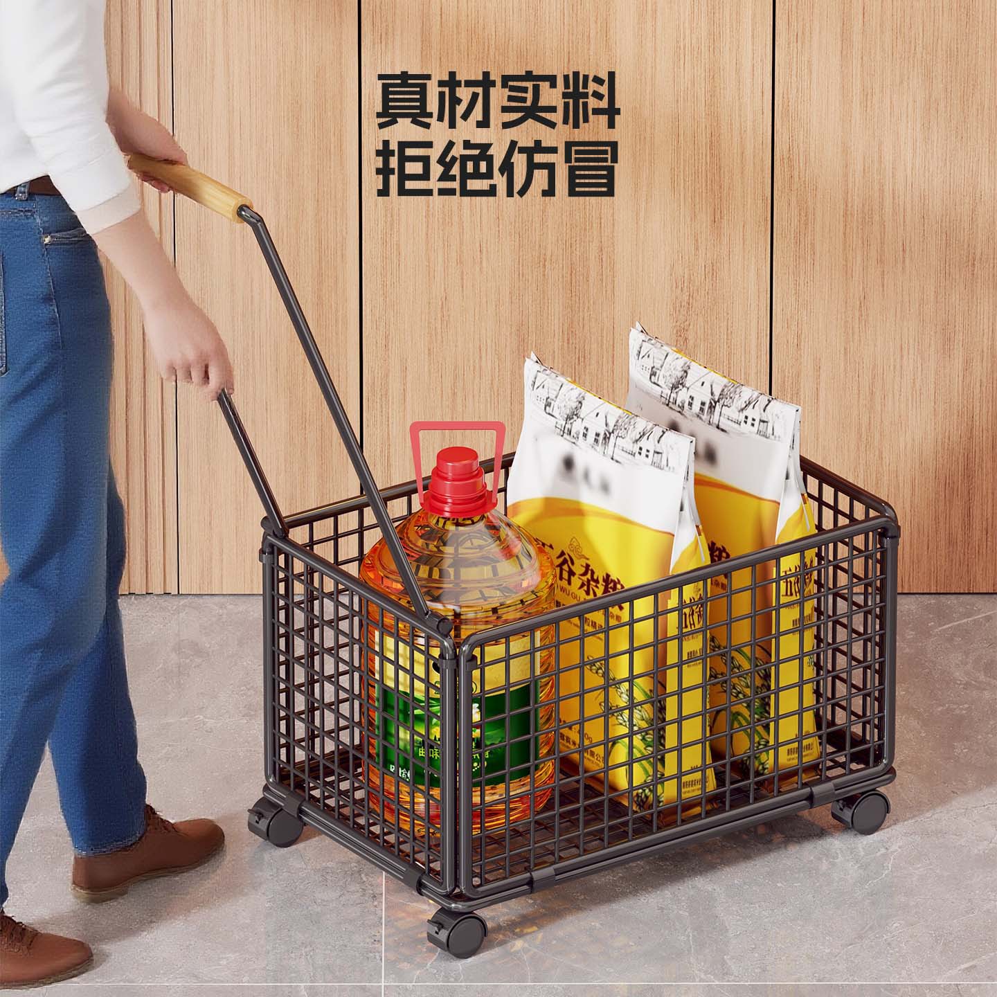Carrito de Compras Portátil de Hierro y Madera, Móvil, para Comprar Verduras