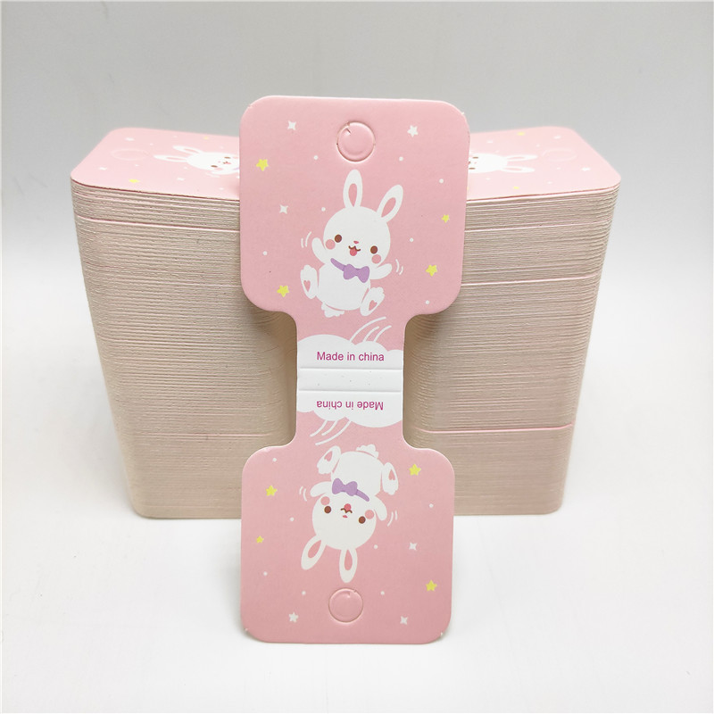 200张/捆头绳包装卡头发圈吊牌发绳对折卡片粉色兔子大号项链卡纸