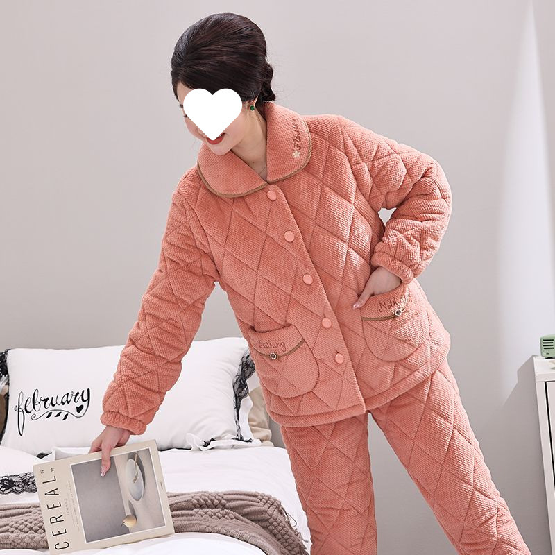 Pajamas Women's Winter Coral Fleece Three-Layer Quilted Middle-Aged Mother Thickened Flannel Warm Home Clothes suit