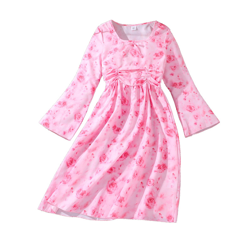 Girls' Dress 7-12 New Autumn Clothing Stylish Trumpet Sleeve Printed Middle and Large Children's Princess Skirt_voghion.com