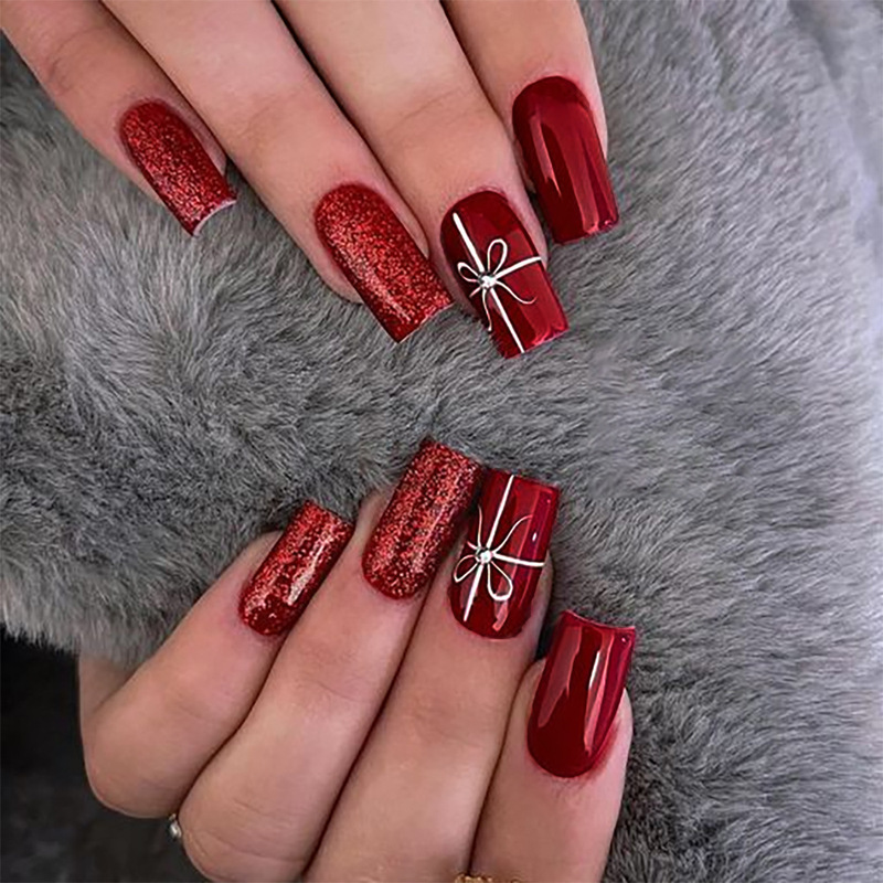Wearing a European and American Christmas Red Bow Nail Art Cross-border Special Nail Wearing Fake Nail Finished Nail