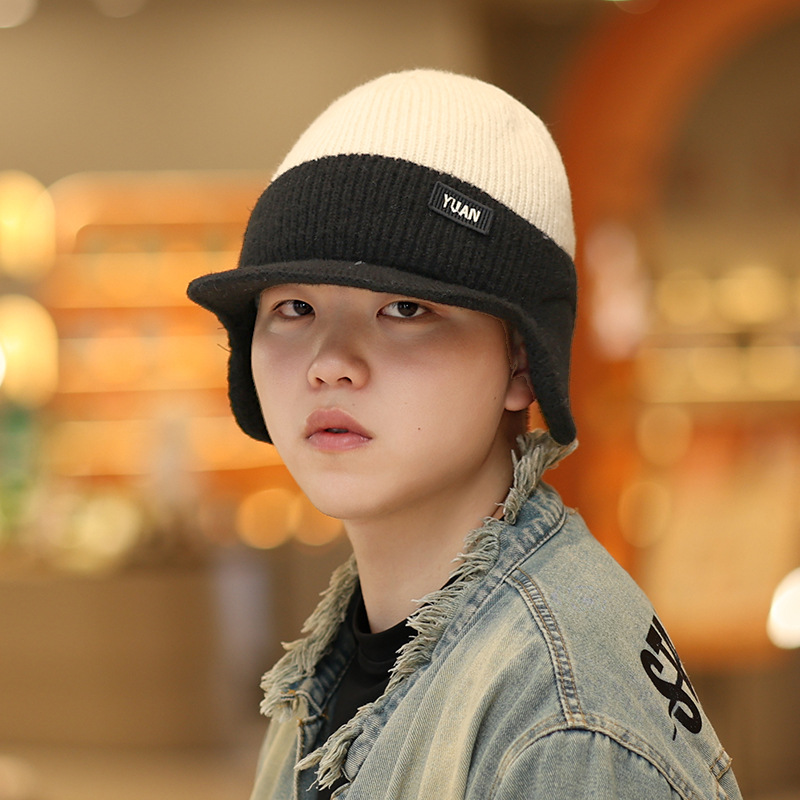 Men's Autumn and Winter Woolen Hat, Warm Knitted Headgear, Ear Protection, Duckbill Cap, Fleece-Lined, Thickened, Wrap-Around Hat